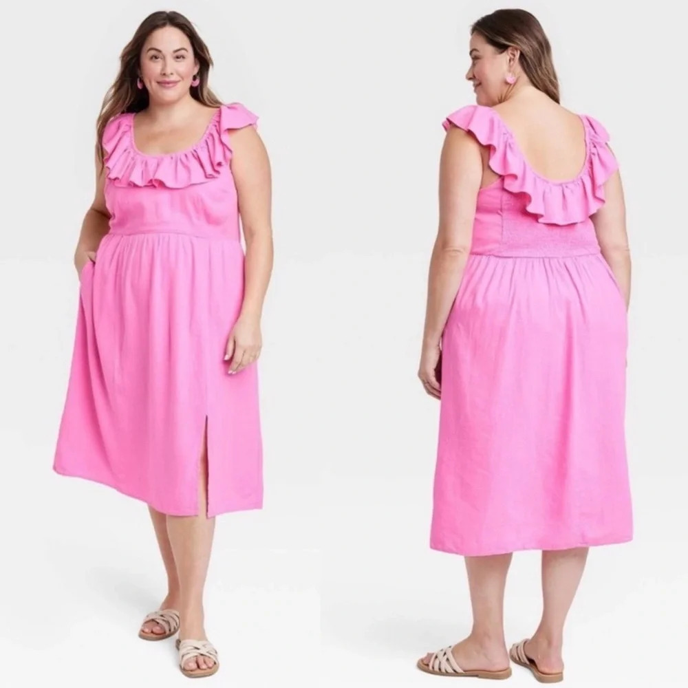 ✨NWT Ava & Viv Pink Ruffle Neck Empire Waist Midi Dress Women's Plus Size XXL - Picture 1 of 12